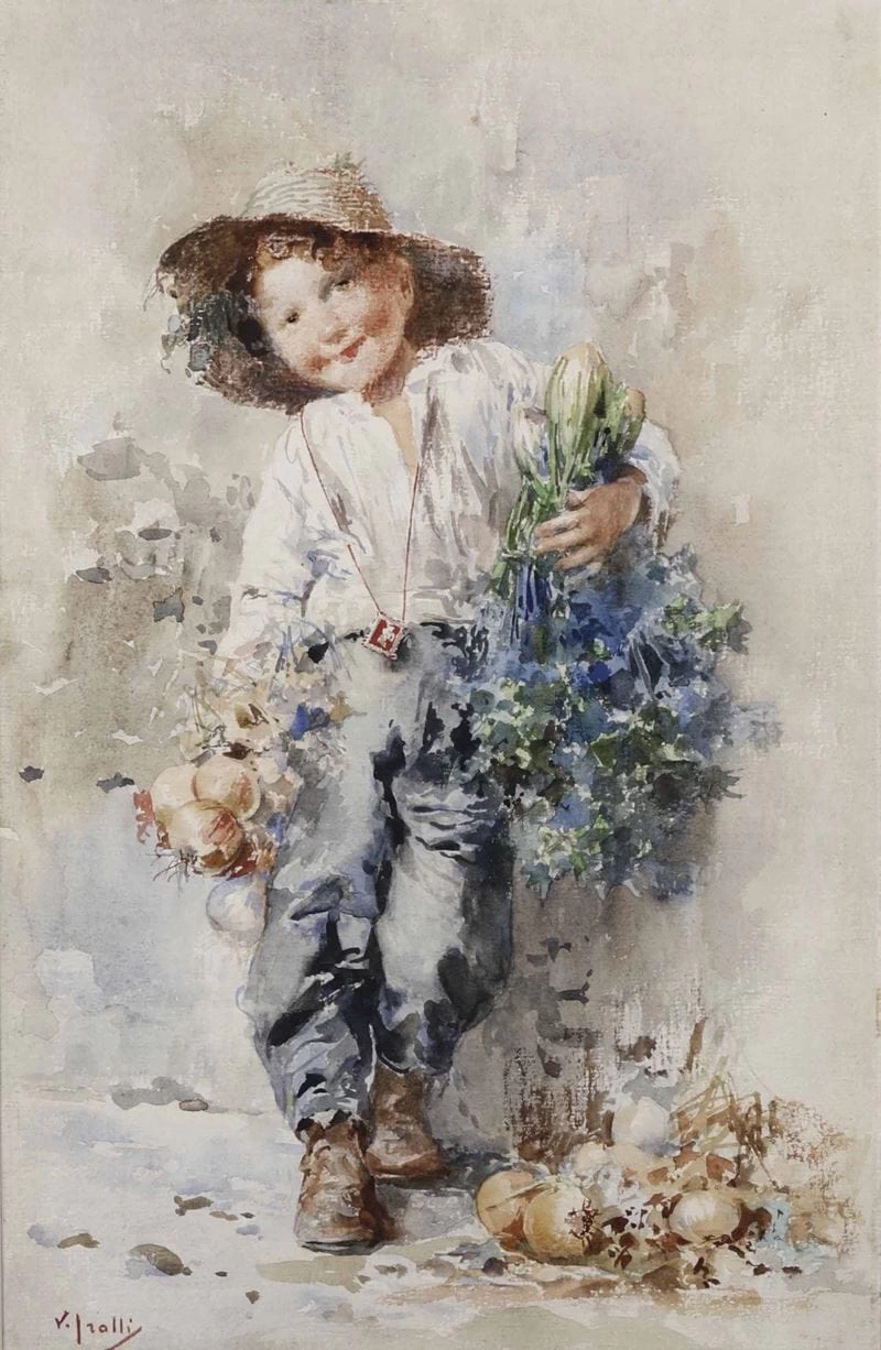 Ragazzo con fiori e cipolle